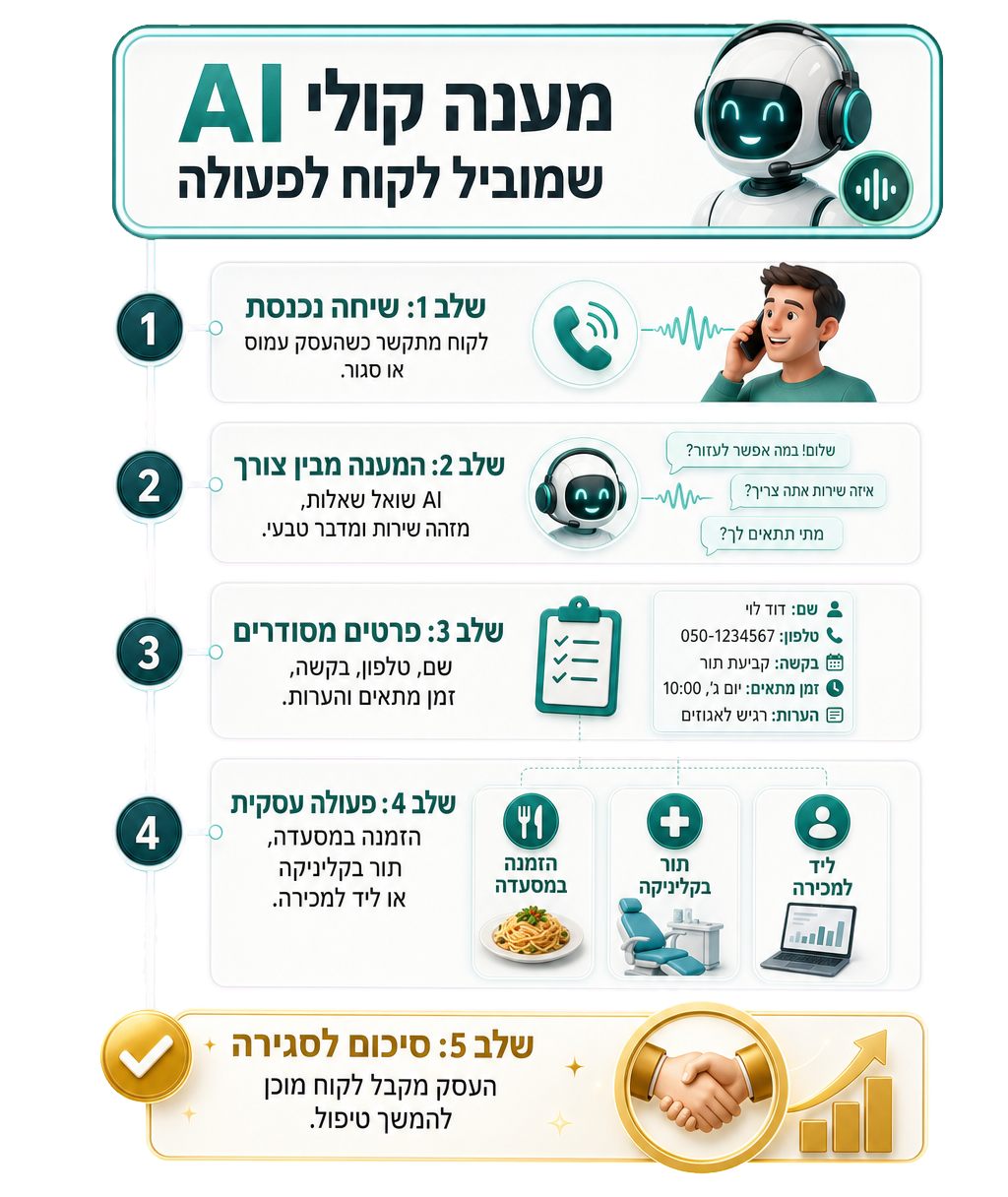 תרשים בעברית שנוצר עם GPT Image ומציג פלו ממענה קולי AI ועד סגירת לקוח